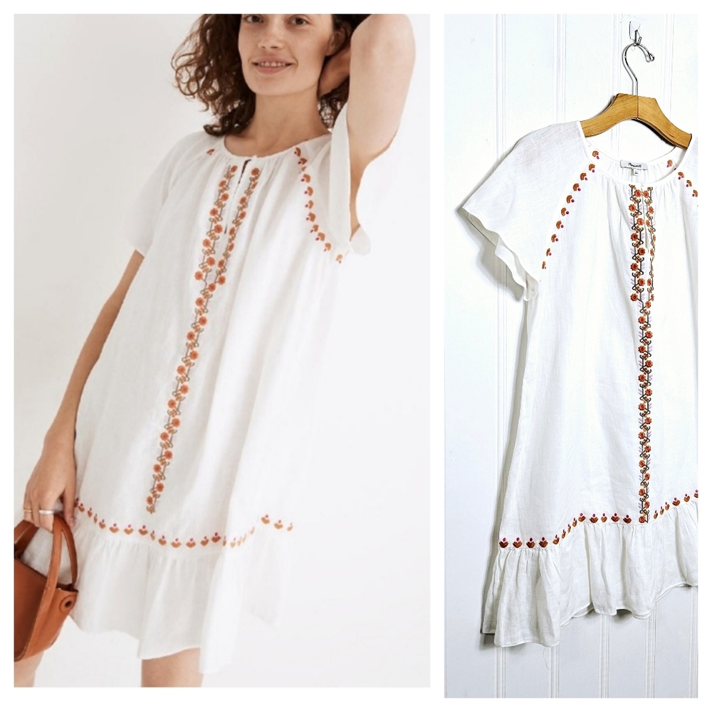 Madewell Mini Dress Womens S White Embroidered Linen Blend Boho Cottagecore